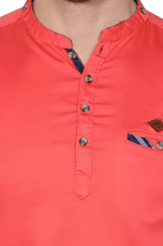 men's tailored fit salmon pink cotton short kurta