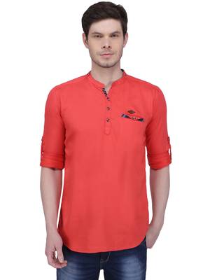 men's tailored fit salmon pink cotton short kurta 1