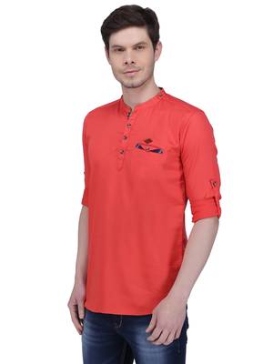 men's tailored fit salmon pink cotton short kurta 3