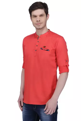 men's tailored fit salmon pink cotton short kurta
