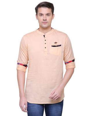 men's tailored fit peach orange cotton short kurta 1
