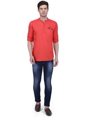 men's tailored fit salmon pink cotton short kurta 4