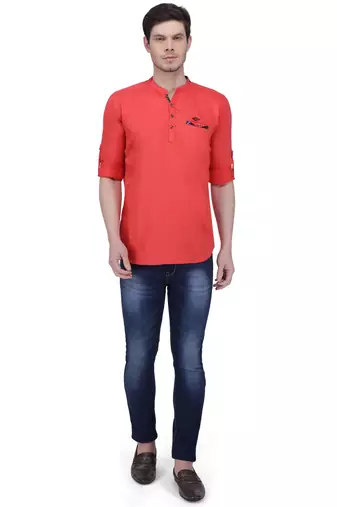 men's tailored fit salmon pink cotton short kurta