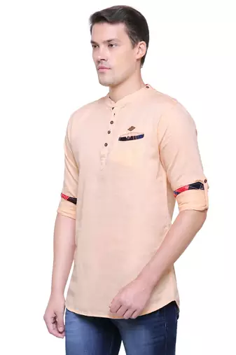 men's tailored fit peach orange cotton short kurta