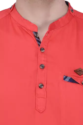 men's tailored fit salmon pink cotton short kurta