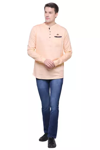 men's tailored fit peach orange cotton short kurta