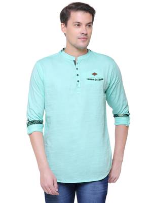 men's tailored fit pista green cotton short kurta 1