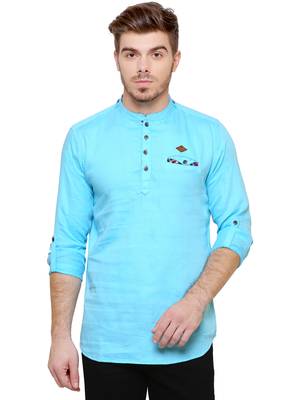 men's tailored fit turquoise blue cotton short kurta 1