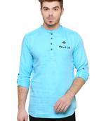 men's tailored fit turquoise blue cotton short kurta