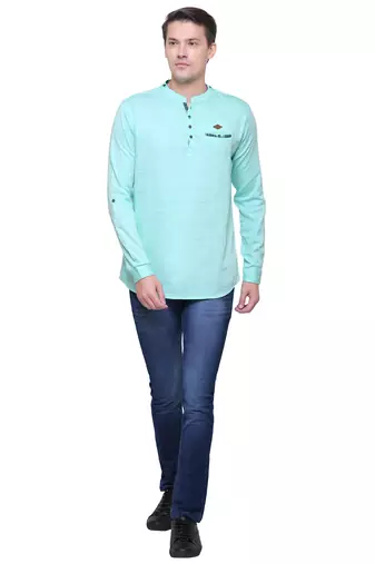 men's tailored fit pista green cotton short kurta