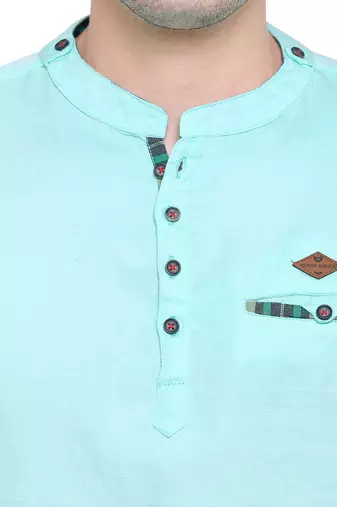 men's tailored fit pista green cotton short kurta