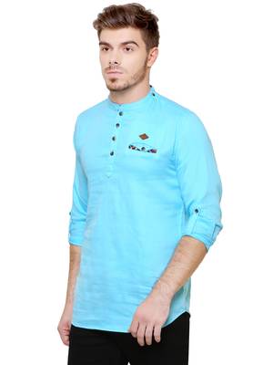 men's tailored fit turquoise blue cotton short kurta 3