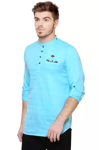 men's tailored fit turquoise blue cotton short kurta