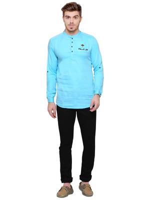 men's tailored fit turquoise blue cotton short kurta 4