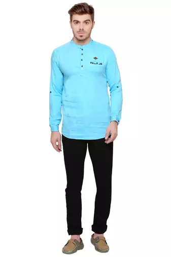 men's tailored fit turquoise blue cotton short kurta
