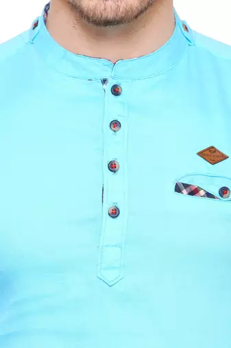 men's tailored fit turquoise blue cotton short kurta