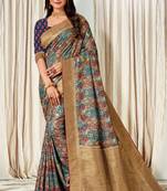 Multicolor Digital Print Zari Border Tussar Silk Party Wear Saree Sari With Unstitched Blouse Piece