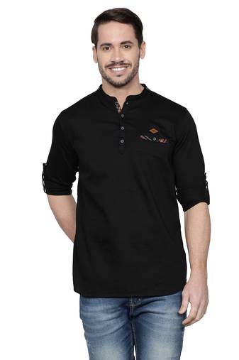 Kuons avenue men's tailored fit black cotton short kurta