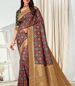 Digital Printed Zari Border Black Tussar Silk Party Wear Saree Sari With Unstitched Blouse Piece