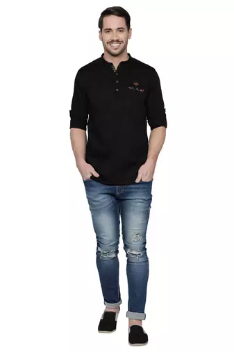 Kuons avenue men's tailored fit black cotton short kurta