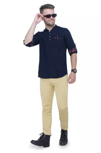 men's tailored fit indigo blue cotton short kurta