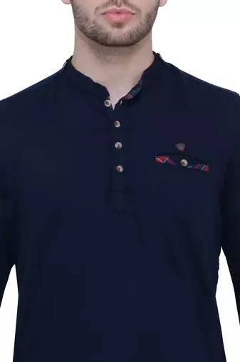 men's tailored fit indigo blue cotton short kurta