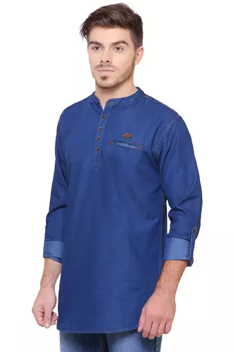 men's tailored fit midnight blue short denim kurta