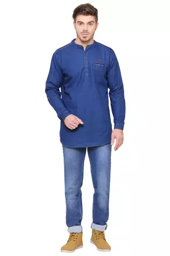 men's tailored fit midnight blue short denim kurta