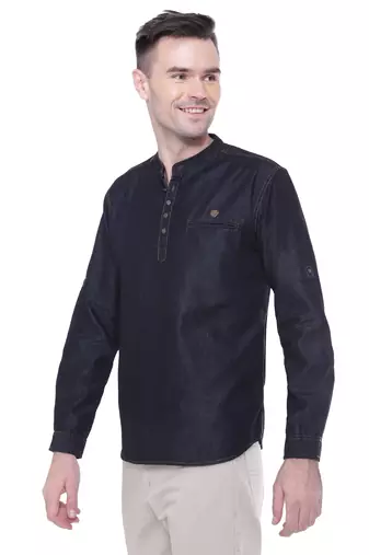 men's tailored fit black short denim kurta