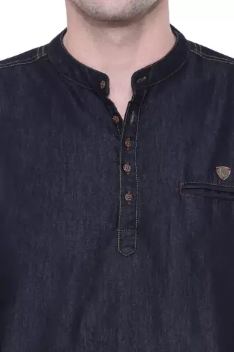 men's tailored fit black short denim kurta