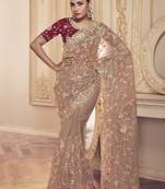 Chiku Embroidered Net Saree With Maroon Satin Blouse Fabric