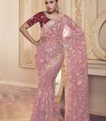Light Pink Embroidered Net Saree With Maroon Satin Blouse Fabric