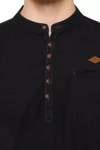 men's tailored fit black short denim kurta