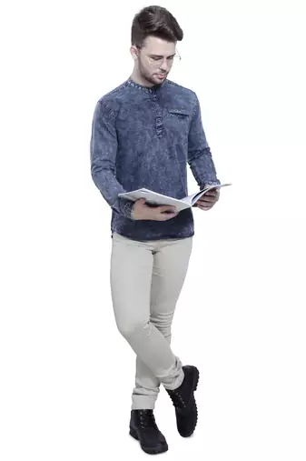 men's tailored fit cloud grey short denim kurta