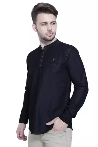 men's tailored fit black short denim kurta