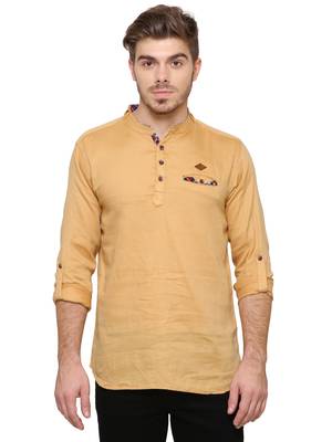 men's tailored fit beige cotton short kurta 1