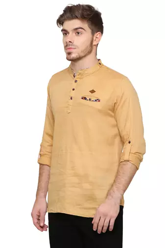 men's tailored fit beige cotton short kurta