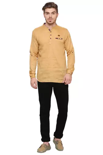 men's tailored fit beige cotton short kurta