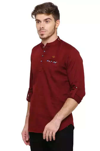 men's tailored fit beige cotton short kurta