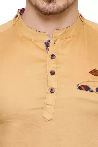 men's tailored fit beige cotton short kurta