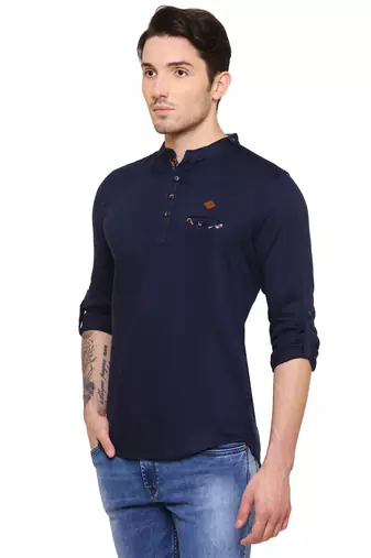 men's tailored fit indigo blue cotton short kurta