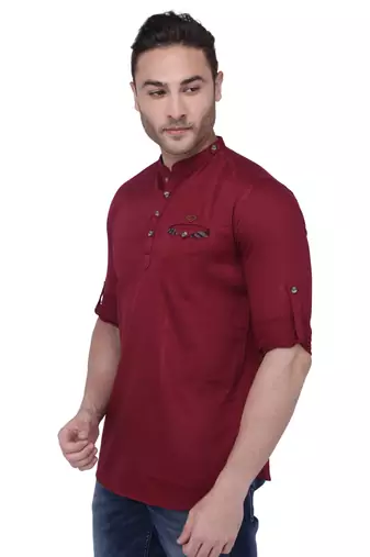 men's tailored fit beige cotton short kurta