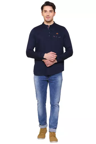 men's tailored fit indigo blue cotton short kurta