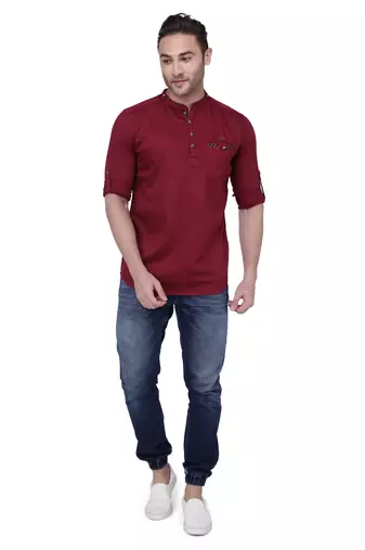 men's tailored fit beige cotton short kurta