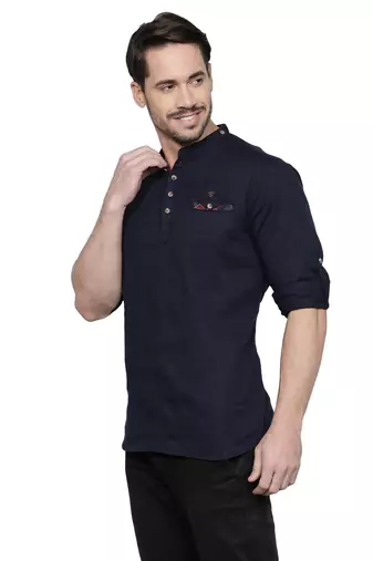men's tailored fit indigo blue cotton short kurta