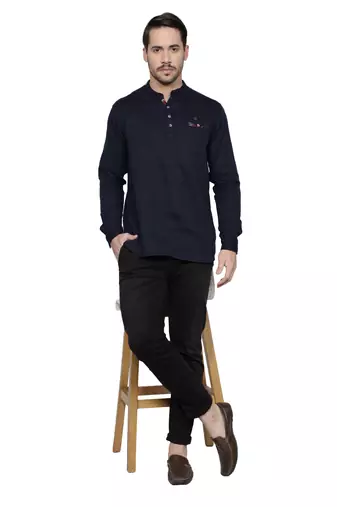 men's tailored fit indigo blue cotton short kurta