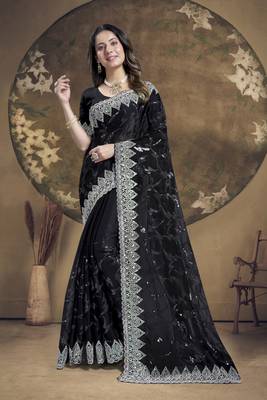 Black heavy sequence embroidery work silk saree 1