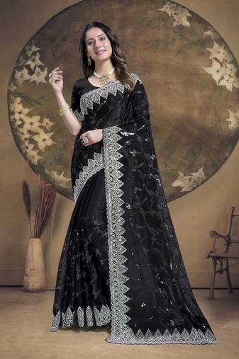 Black heavy sequence embroidery work silk saree