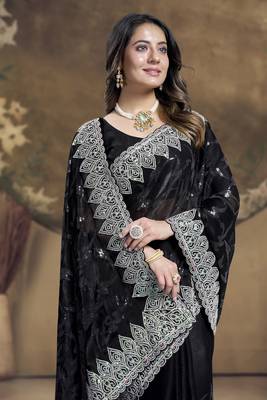 Black heavy sequence embroidery work silk saree 2