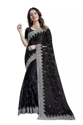 Black heavy sequence embroidery work silk saree